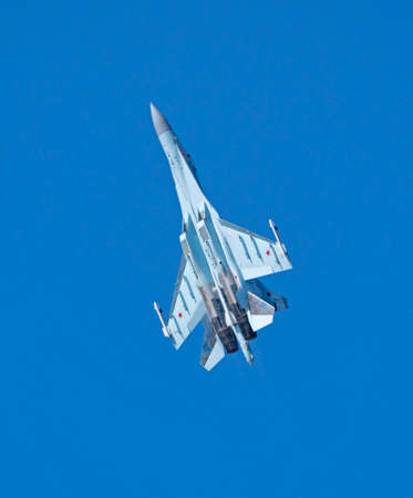 Moscow Russia Zhukovsky Airfield 31 August 2019: aerobatic Su-35 perfoming demonstration flight of...