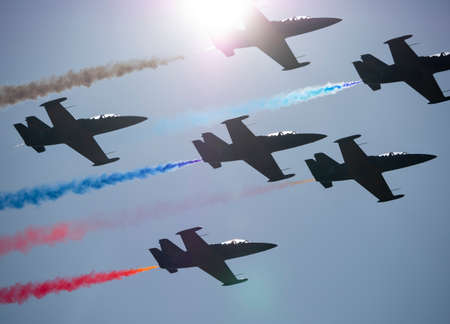 Flight of the aerobatic group Rus in the sky.