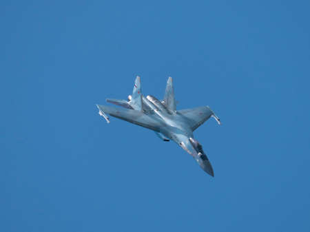Moscow Russia Zhukovsky Airfield 31 August 2019: aerobatic Su-35 perfoming demonstration flight of...