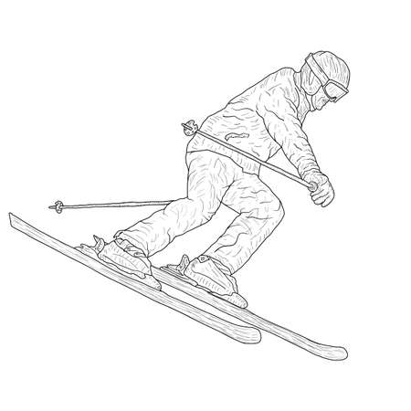 Mountain slalom skier silhouette sketch on white background.のイラスト素材