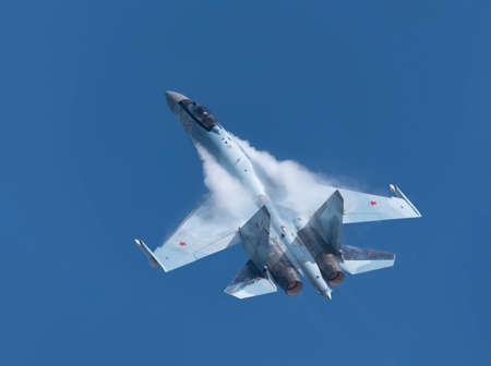 Moscow Russia Zhukovsky Airfield 31 August 2019: aerobatic Su-35 perfoming demonstration flight of...