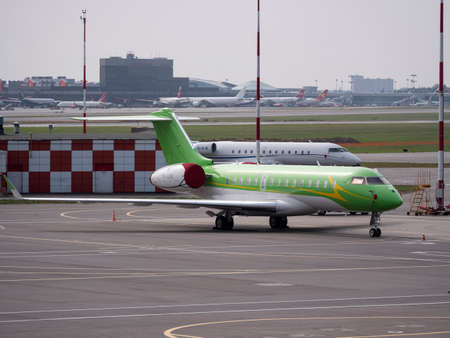 MOSCOW , RUSSIA, June 10, 2019: Small passenger plane parked at Sheremetyevo Airport on June 10, 2019 in Moscow, Russia.のeditorial素材