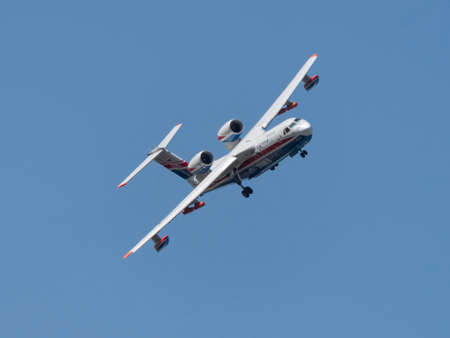 Moscow Russia Zhukovsky Airfield 31 August 2019: Demonstration flight of a jet multipurpose amphibious aircraft be-200 the international aerospace salon MAKS-2019.のeditorial素材