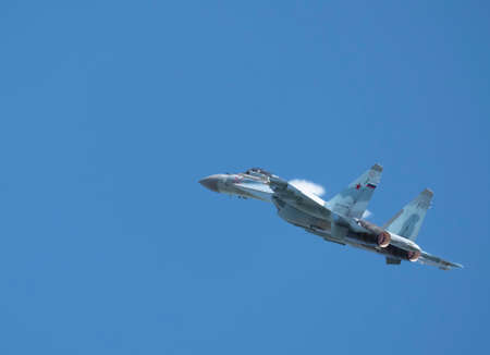 Moscow Russia Zhukovsky Airfield 31 August 2019: aerobatic Su-35 perfoming demonstration flight of the international aerospace salon MAKS-2019.のeditorial素材