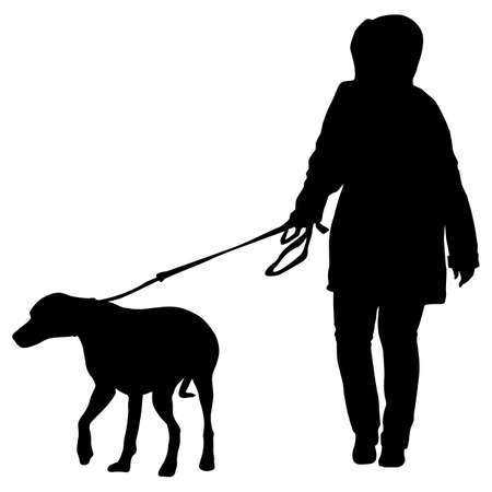 Silhouette of woman and dog on a white background.のイラスト素材