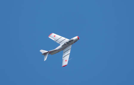 Moscow Russia Zhukovsky Airfield 31 August 2019: Demonstration of the Russian MiG-15 Bis 1120...