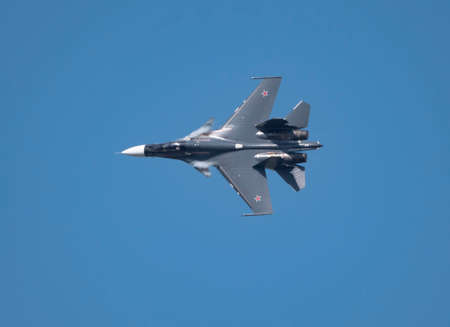 Moscow Russia Zhukovsky Airfield 31 August 2019: aerobatic Su-30 perfoming demonstration flight of...