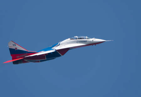 Moscow Russia Zhukovsky Airfield 31 August 2019: aerobatic team swifts MiG-29 perfoming demonstration flight of the international aerospace salon MAKS-2019.のeditorial素材