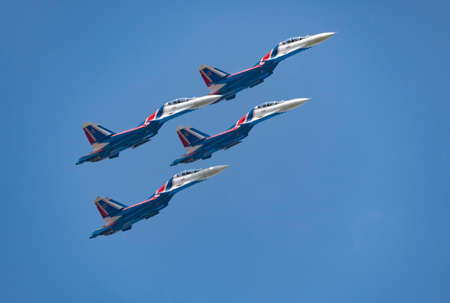 Moscow Russia Zhukovsky Airfield 31 August 2019: The Russian Knights Russkie Vityazi aerobatic team...