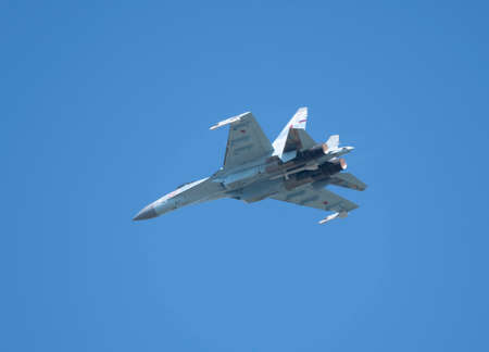 Moscow Russia Zhukovsky Airfield 31 August 2019: aerobatic Su-35 perfoming demonstration flight of...