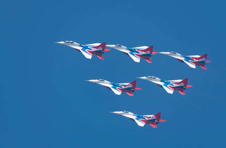 Moscow Russia Zhukovsky Airfield 31 August 2019: aerobatic team swifts MiG-29 perfoming...