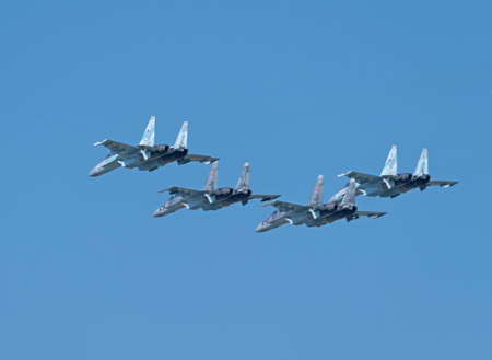 Moscow Russia Zhukovsky Airfield 31 August 2019: Aerobatic teams Falcons Of Russia on planes Su-30...