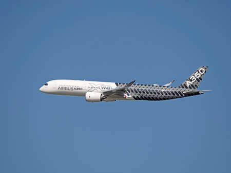 Moscow Russia Zhukovsky Airfield 31 August 2019: Passenger aircraft Airbus A350 in the demonstration...