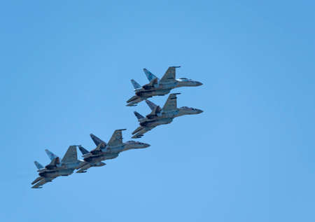 Moscow Russia Zhukovsky Airfield 31 August 2019: Aerobatic teams "Falcons Of Russia" on planes Su-30 of the international aerospace salon MAKS-2019.のeditorial素材
