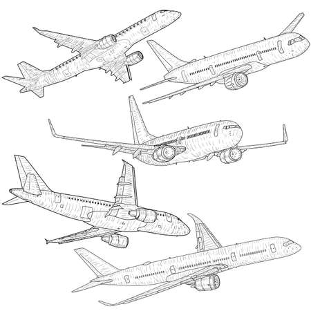Set silhouette passenger aircraft on a white background.のイラスト素材