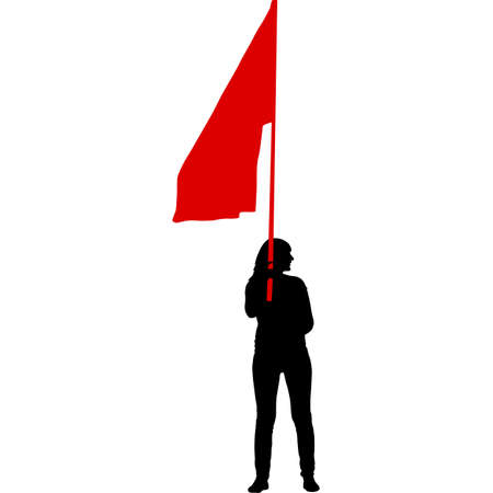Black silhouettes of woman with flag on white background.