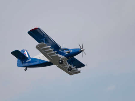Moscow Russia Zhukovsky Airfield 25 July 2021: passenger plane biplane TVS-2MS demonstration flight...