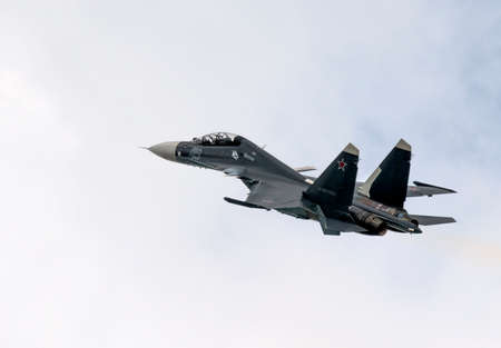 Moscow Russia Zhukovsky Airfield 25 July 2021: aerobatic Su-30 perfoming demonstration flight of the...