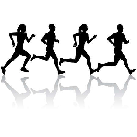 Set of silhouettes. Runners on sprint men and women on white background.のイラスト素材