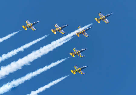 Moscow Russia Zhukovsky Airfield 31 August 2019: Aero L-39C Albatros of Baltic Bees aerobatics team performing demonstration flight the international aerospace salon MAKS-2019.のeditorial素材