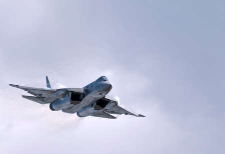 Moscow Russia Zhukovsky Airfield 25 July 2021: Demonstration of the latest Russian SU-57 fighter of the international aerospace salon MAKS-2021.のeditorial素材