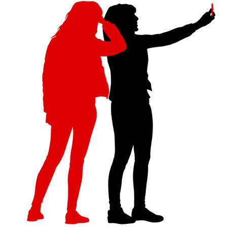 Silhouettes woman taking selfie with smartphone on white background.のイラスト素材