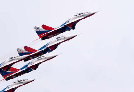 Moscow Russia Zhukovsky Airfield 31 August 2019: aerobatic team swifts MiG-29 perfoming...