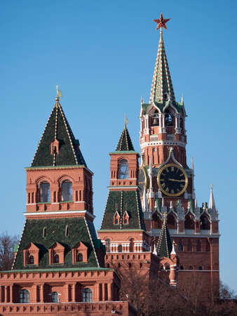Moscow Kremlin Main Clock named Kuranti on Spasskaya Tower Red Square.