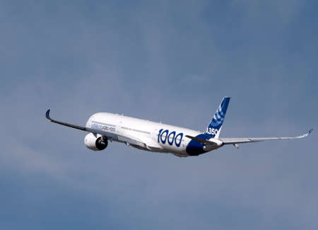 Moscow Russia Zhukovsky Airfield 25 July 2021: Passenger aircraft Airbus A350 in the demonstration...