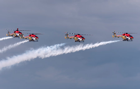 Moscow Russia Zhukovsky Airfield 25 July 2021: aerobatic SARANG Indian helicopter flight team t of...