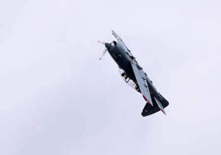 Moscow Russia Zhukovsky Airfield 25 July 2021: aerobatic yak-152 perfoming demonstration flight of the international aerospace salon MAKS-2021.のeditorial素材