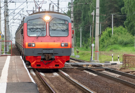 MOSCOW, RUSSIA - JULY 13, 2018: Russian Railways high-speed train Lastochka Swallow rides along the railway pathのeditorial素材