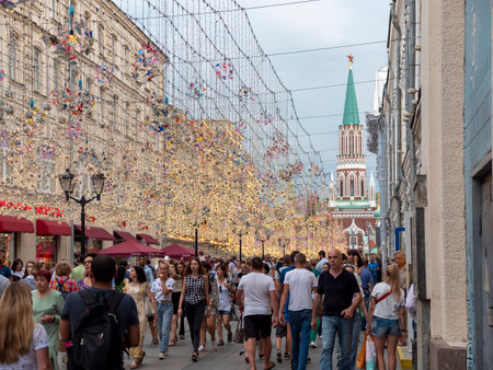 Moscow, Russia - July 25, 2020: People walk around Red Square, Nikolskaya street.のeditorial素材