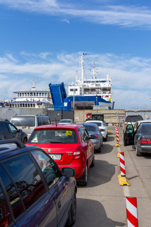 KERCH, CRIMEA - 29 June, 2018 : The queue of cars for the ferry Crimea and mainland Russia, Port Crimea - Port Caucasus.のeditorial素材