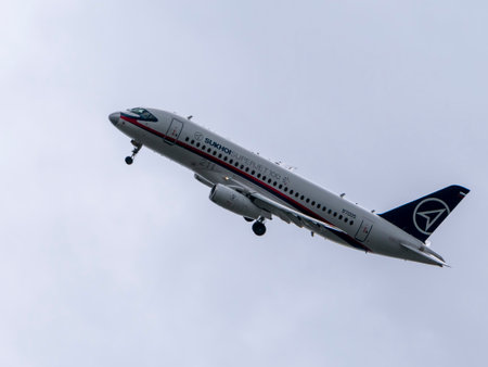 Moscow Russia Zhukovsky Airfield 25 July 2021: Commercial passenger airplane Sukhoi Superjet 100 flying demonstration flight of the international aerospace salon MAKS-2021.のeditorial素材