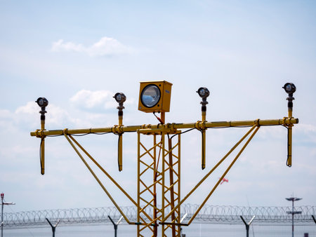 Yellow metal support systems of care during takeoff and landing direction light near runway.