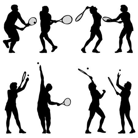Black set silhouette of female badminton player on white background.のイラスト素材