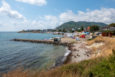 Black sea coast. bald mountain. Beautiful blue sea in Myskhako beach.の写真素材