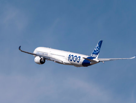 Moscow Russia Zhukovsky Airfield 25 July 2021: Passenger aircraft Airbus A350 in the demonstration flight of the international aerospace salon MAKS-2021.のeditorial素材