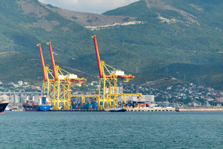 Novorossiysk, Russia 08.18.2023. Port cranes, Black Sea, port, Krasnodar Territory, Novorossiysk