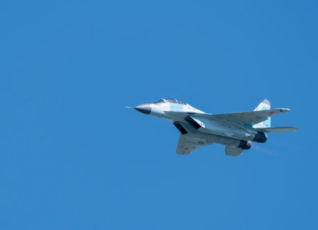 Moscow Russia Zhukovsky Airfield 25 July 2021: aerobatic MiG-35 perfoming demonstration flight of the international aerospace salon MAKS-2021.のeditorial素材