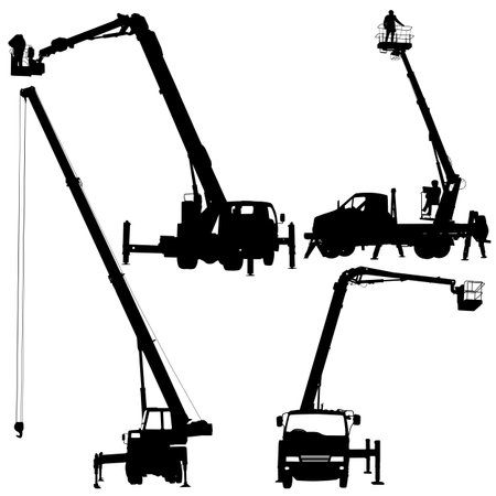 Set silhouette on a white background of aerial platform or crane on a vehicle.のイラスト素材