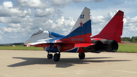 Moscow Russia Zhukovsky Airfield 25 July 2021: aerobatic team swifts MiG-29 perfoming demonstration flight of the international aerospace salon MAKS-2021.のeditorial素材