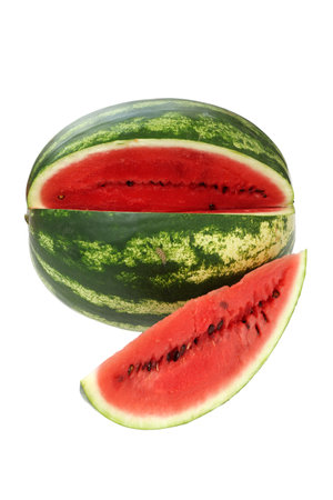 Watermelon, a staple food and natural fruit, is shown on a white background.の写真素材