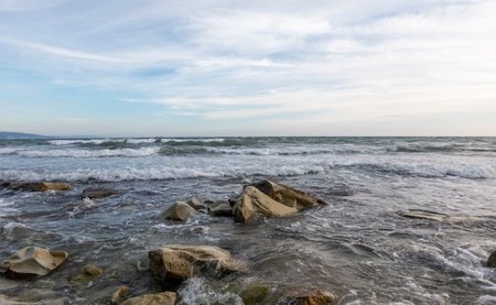 View of a stormy seascape of waves and the Black Sea.