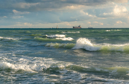 View of a stormy seascape of waves and the Black Sea.の写真素材