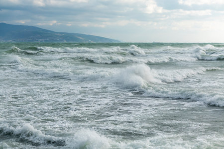 View of a stormy seascape of waves and the Black Sea.
