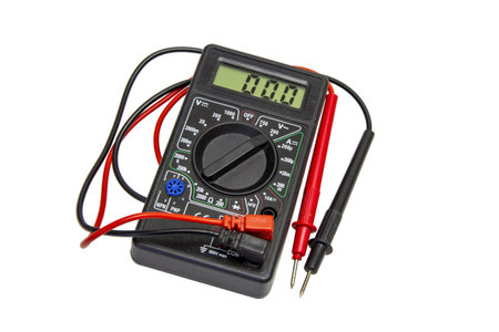 Multimeter device for measuring electricity isolated on a white background.