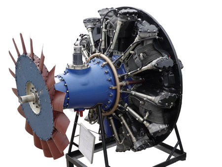 Aviation automotive piston engine with arrangement of cylinders Isolated on white background.の写真素材
