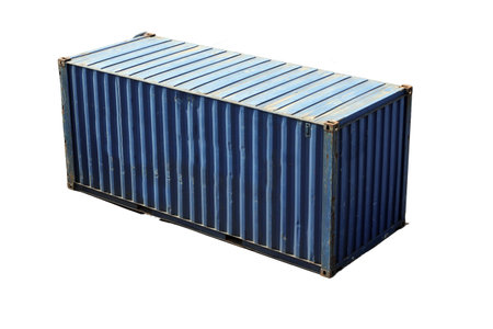 Standard blue cargo container isolated on white background, side view.